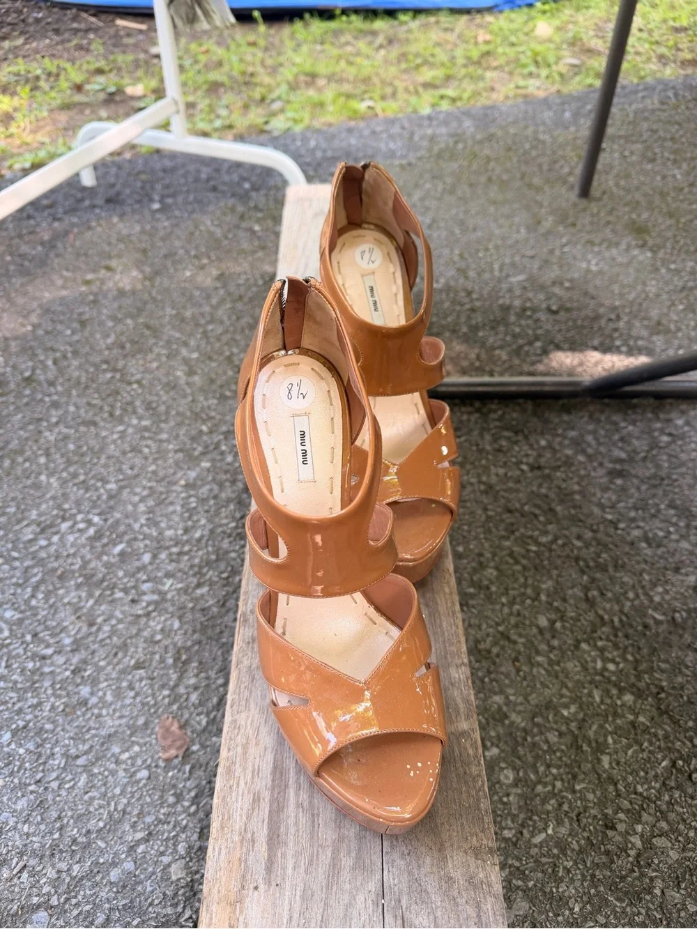 Miu Miu Glossy Tan Patent Platform Sandals